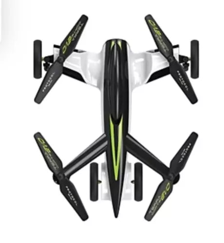 RC drone with white body and green-accent black propeller arms