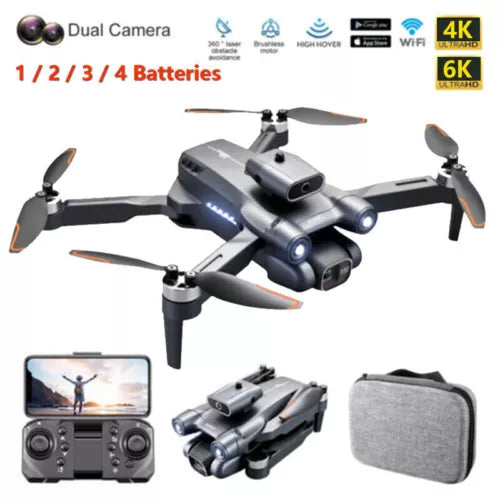 Foldable quadcopter drone with dual camera, gray body and four propellers