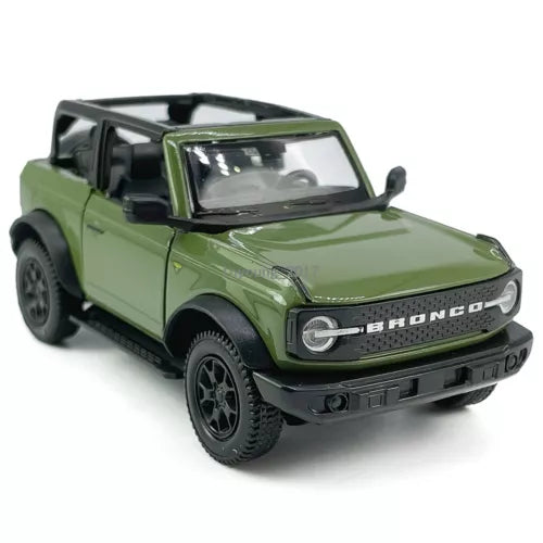 Green diecast convertible 2-door Bronco model car with black wheels and grille