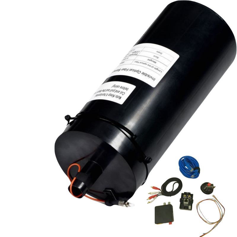 Black fiber optic cable kit with cylindrical housing, bundled blue connector, and wiring leads