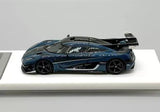 Blue and black racing sports diecast car model, 1:64 scale, front 3/4 view