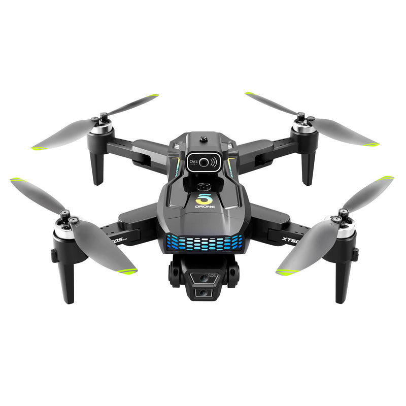 Foldable quadcopter GPS drone with 4 rotors and front camera, black with gray body