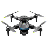 Foldable quadcopter GPS drone with 4 rotors and front camera, black with gray body