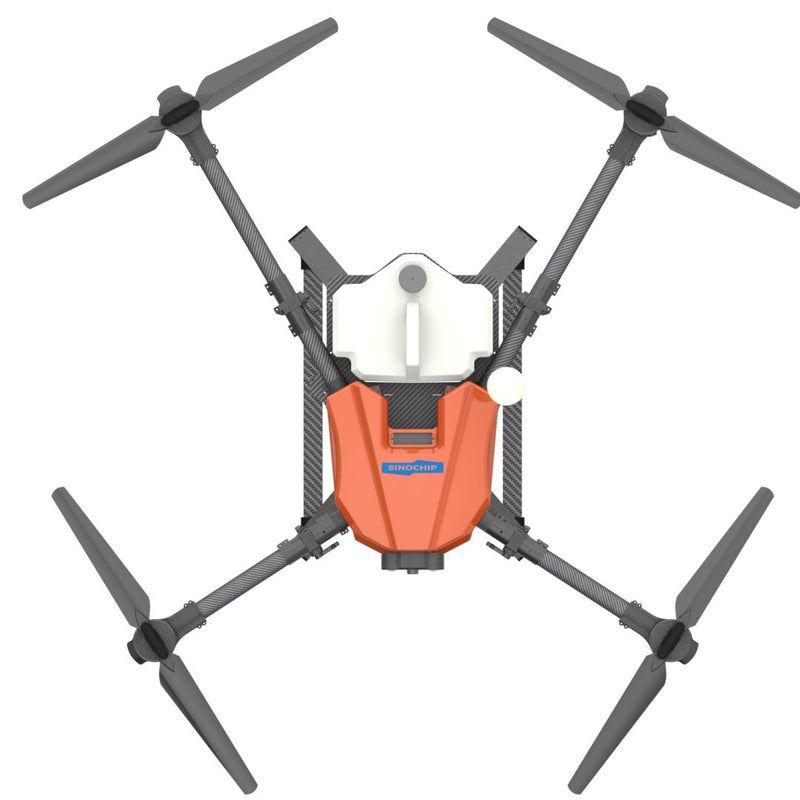 Orange and white travel drone with four propellers and central camera module