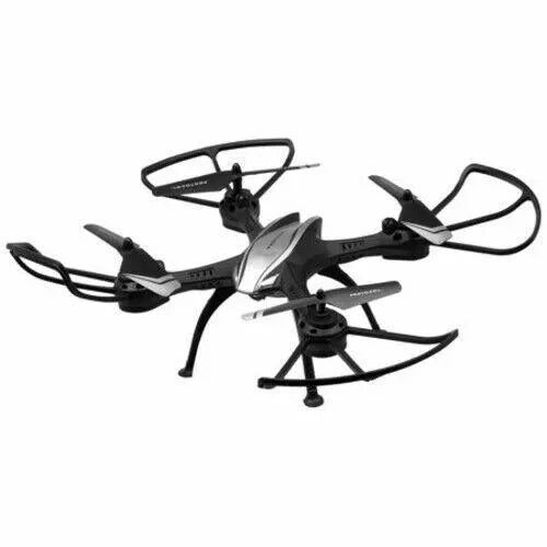Black and silver quadcopter drone with camera mount and four propeller arms