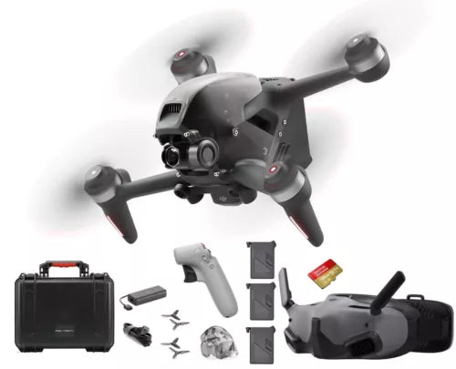 FPV drone with motion controller, gray and black, plus carrying case and accessories