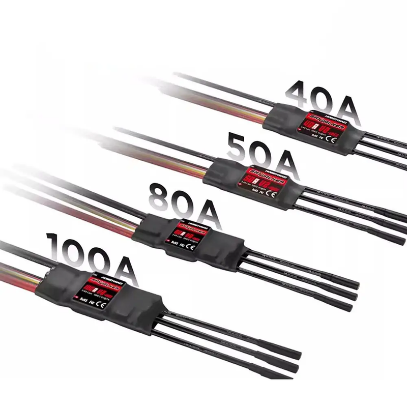 Brushed ESCs for RC FPV drones with 40A, 50A, 80A, and 100A ratings