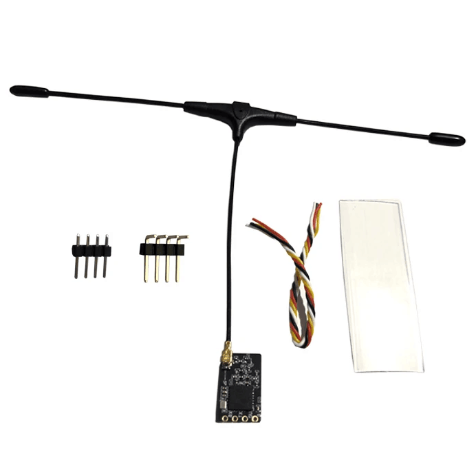 Nano ExpressLRS receiver PCB with T-shaped antenna, wire leads, and pin headers