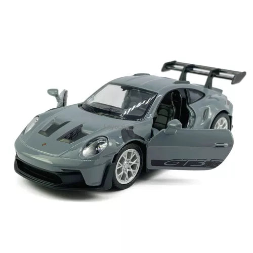Gray Porsche 911 GT3 RSR diecast model car with rear wing and front details