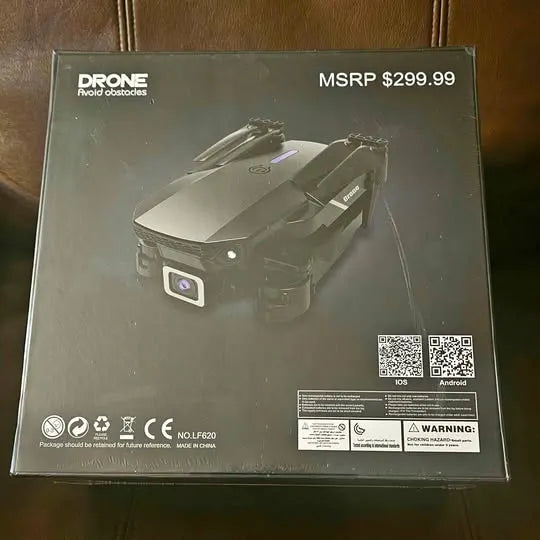 Drone retail box with printed drone image and product information labels