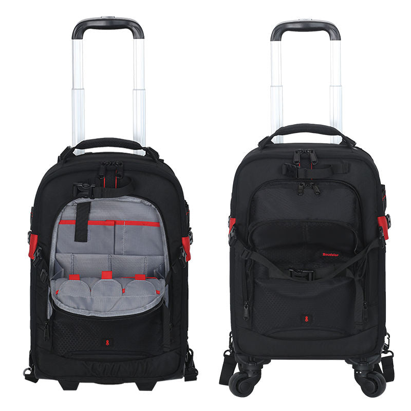 Black wheeled camera bag with telescoping handle, front zip pockets and side straps