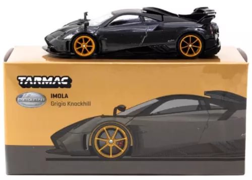 1:64 scale diecast sports car, black body with gold wheels, front three-quarter view