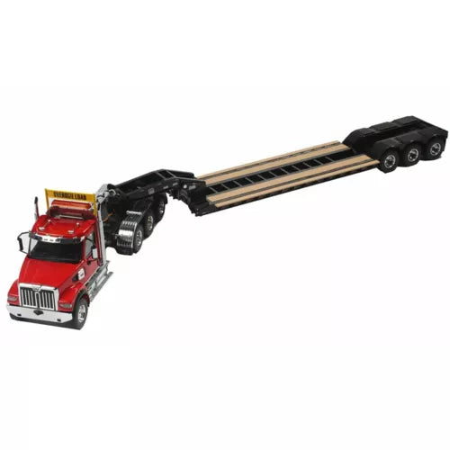 1:16 diecast Western Star truck and flatbed trailer combo, red cab with black frame