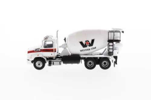 White diecast concrete mixer truck model with Western Star logo and rotating drum