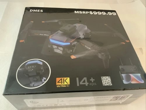 Dmes P19 Pro drone retail box with 4K ultrahd and 4+ ages icons