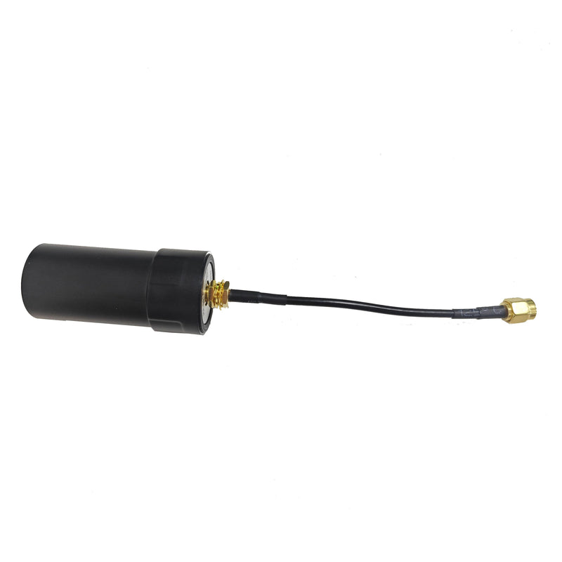 Small RTK GNSS GPS antenna with coax cable and gold connector, black cylindrical body