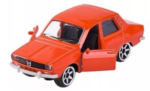 Orange vintage diecast car with front door open, front-left view.