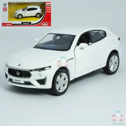 White Maserati Levante GTS 1:36 diecast model car, front 3/4 view, metal toy