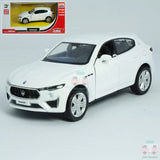 White Maserati Levante GTS 1:36 diecast model car, front 3/4 view, metal toy