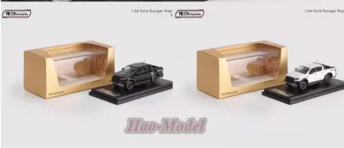 1:64 diecast Ford Ranger Raptor toy car with alloy finish, shown with two boxes