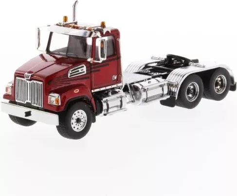 Red day cab semi truck model with chrome grille and tandem wheels, 1:50 scale