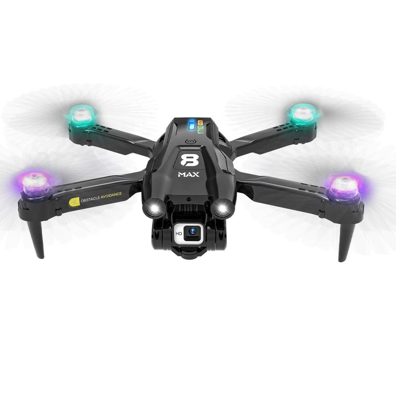 Black quadcopter drone with LED lights and front camera