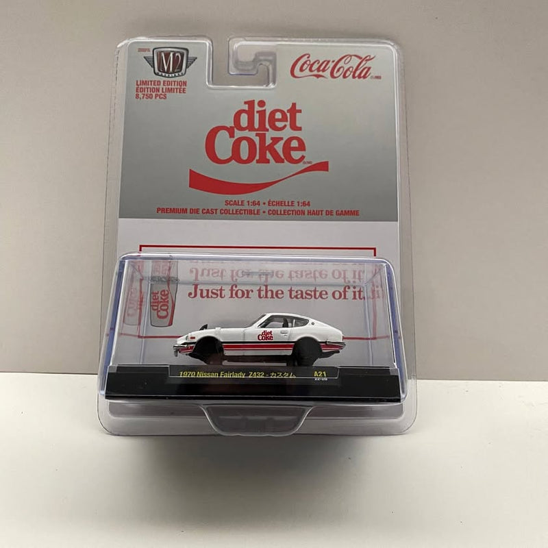 M2 Diet Coke diecast Nissan Fairlady in clear blister packaging, white with black details