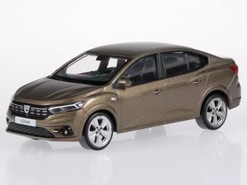 Brown 1:43 diecast model car with open windows and front-left view