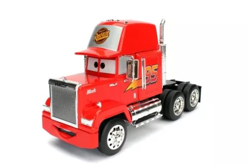 Red #95 diecast truck model with chrome exhaust and silver wheels, front 3/4 view