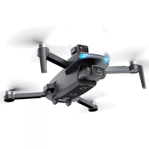Quadcopter drone with 4K camera, dual HD, blue status light accents