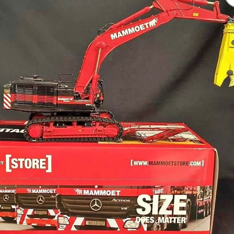 Red Mammoet diecast excavator model with yellow boom, detailed side view