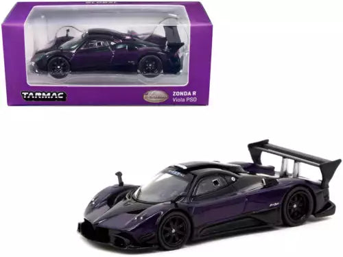 1:64 diecast model car, purple and black Pagani Zonda R style, open cockpit.