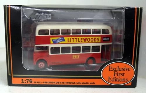 1:76 diecast model bus box, red and white double-decker with Littlewoods sign