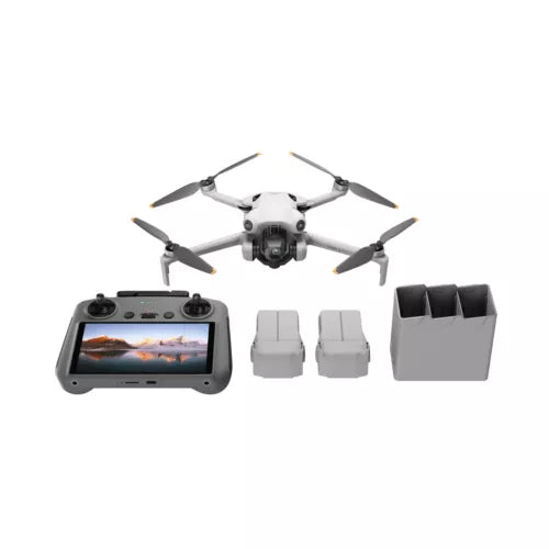 DJI Mini 4 Pro drone with screen remote controller and three extra battery packs