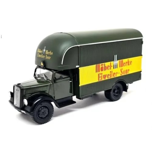 Green diecast box truck with black ribbed sides and yellow stripe, detailed wheels and grille