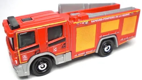 Red and orange diecast fire truck, detailed side view with black windows and gray wheels