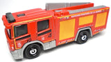 Red and orange diecast fire truck, detailed side view with black windows and gray wheels
