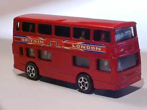 Red diecast double-decker bus with open windows and London graphics