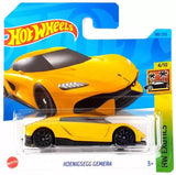 Yellow Hot Wheels Koenigsegg Gemera 1:64 diecast model car, black details, 3-inch