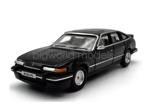1:76 scale black diecast sports car with silver grille, headlights, front 3/4 view.