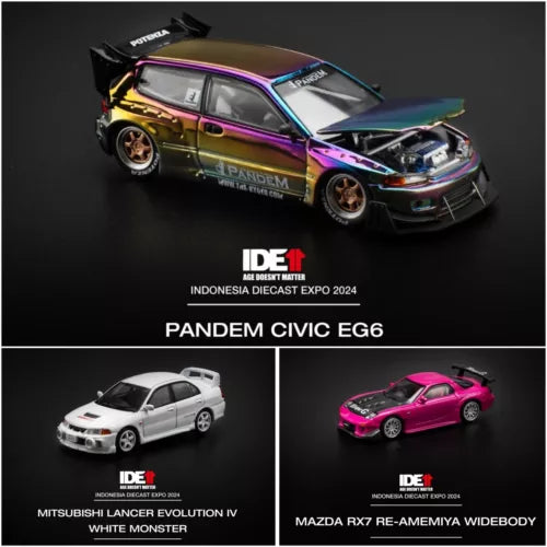 Diecast model car set with purple Civic EG6, white Lancer Evo IV, pink RX7