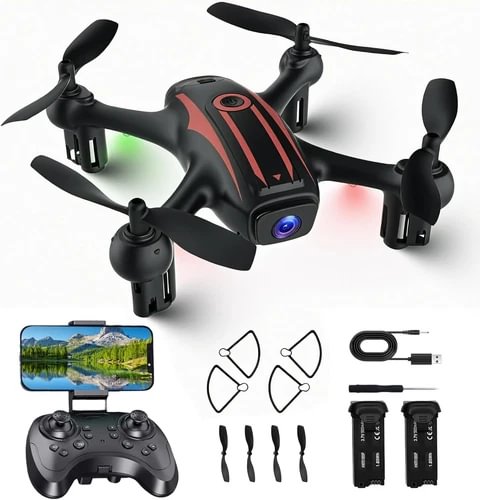 Black FPV drone with camera, propellers and controller kit, included accessories
