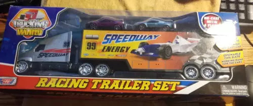 Diecast semi truck racing trailer set in retail box, Speedway graphic