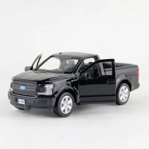 Diecast pickup truck model car with open driver door, dark gray and black