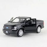 Diecast pickup truck model car with open driver door, dark gray and black