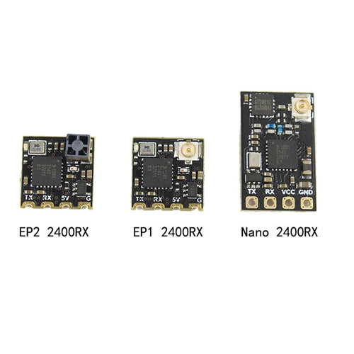 Compact 2.4GHz RC drone receiver circuit boards: EP2, EP1, and Nano 2400RX
