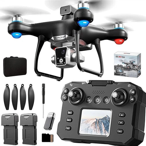 Black quadcopter drone with screen controller, camera, and detachable accessories set
