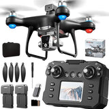 Black quadcopter drone with screen controller, camera, and detachable accessories set