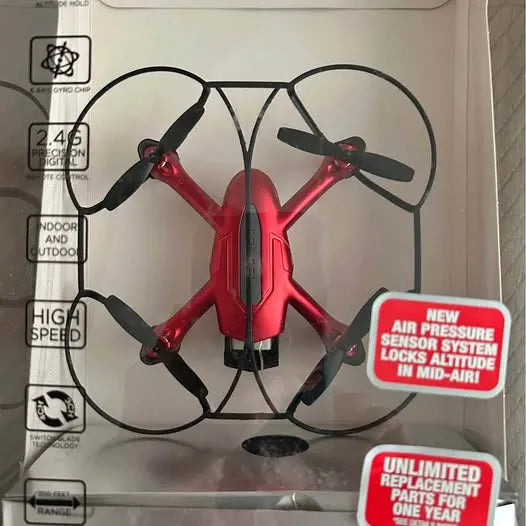 Red palm-sized quadcopter drone with four propellers and protective circular frame
