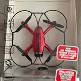 Red palm-sized quadcopter drone with four propellers and protective circular frame